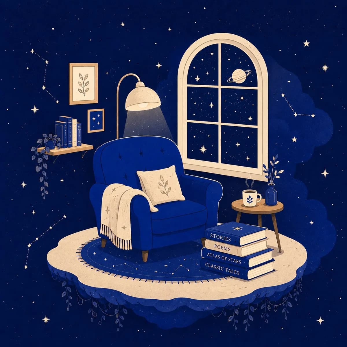 Rincón de lectura ilustrado de la librería Cosmos